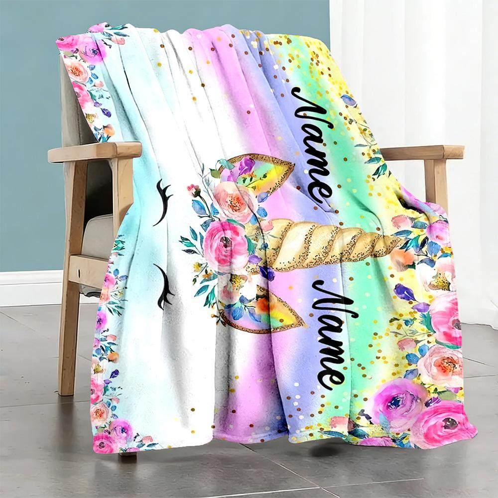 Floral Unicorn Customize Text Blanket Gift Customizable Blanket Soft & Cozy Versatile for Seaside Bedding Sofa Picnics for All Occasions