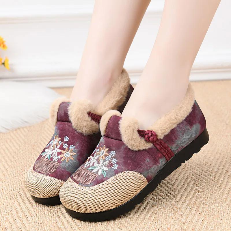 WTEMPO Большие размеры, повседневные однотонные туфли с вышивкой, женские осенне-зимние теплые, морозостойкие плюшевые туфли без застежек