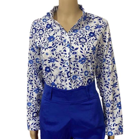 Элегантная офисная блузка для женщин, с воротником-стойкой, однобортная, с цветочным принтом, длинным рукавом, на пуговицах, для весны/лета