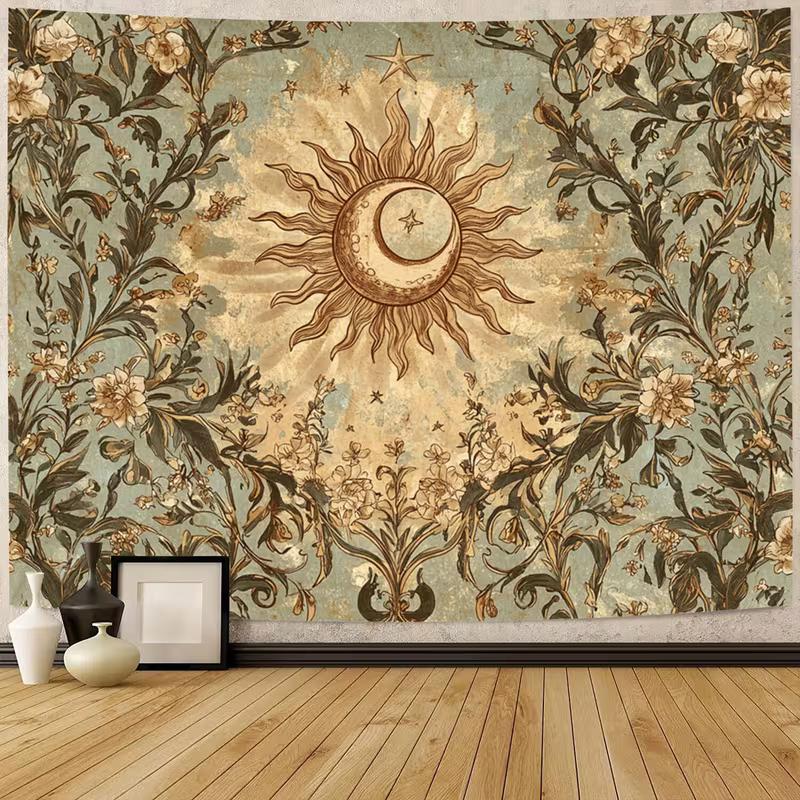 2D Dark Academia Sun Moon Tapestry, Retro Floral Celestial Wall Decor