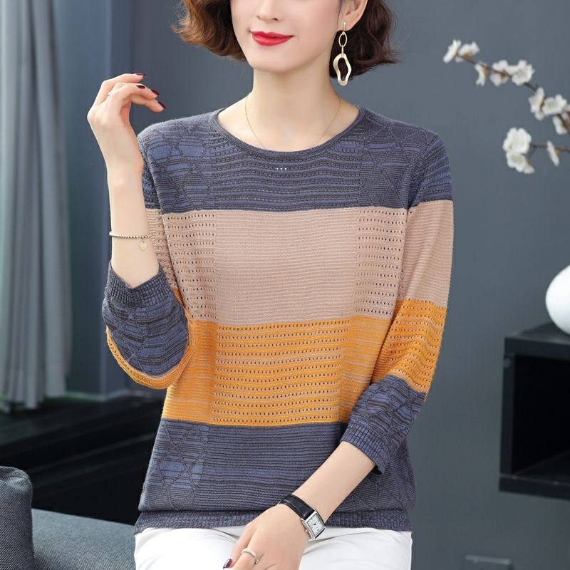 Striped Sweater Knitted Pullover Thin Round Neck Long Sleeves Women's Top Casual Undershirt Commute Spring Autumn