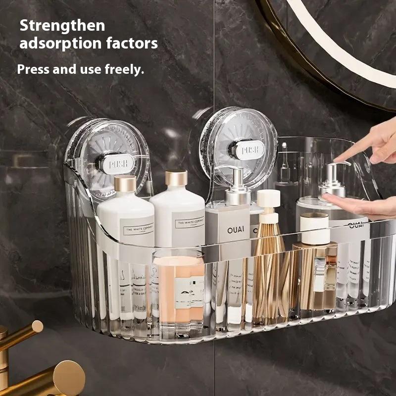 Стеллаж для хранения на присосках, прозрачный золотой, без перфорации, полка-сушилка для ванной комнаты, настенный органайзер