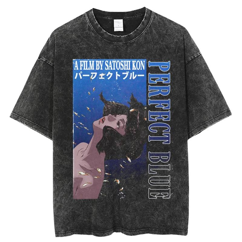 Японское Аниме Винтажная Выстиранная Футболка Perfect Blue Мужская Женская Оверсайз Модная Повседневная Уличная Одежда Хлопок Футболка с Коротким Рукавом Топы