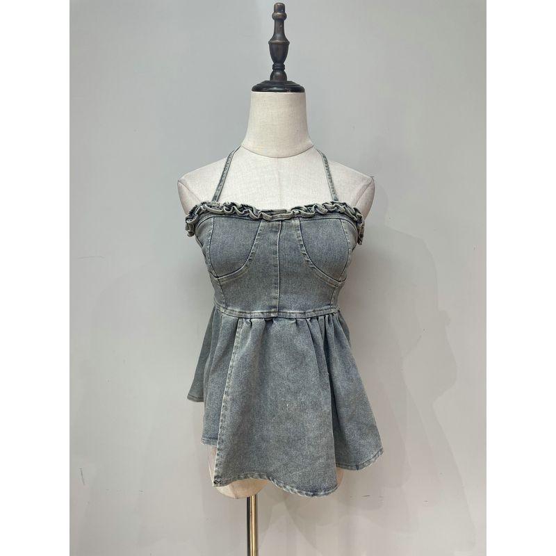 2025 Summer New Arrival Sexy Street Summer Standard Halter Lace-up Denim Camisole Top