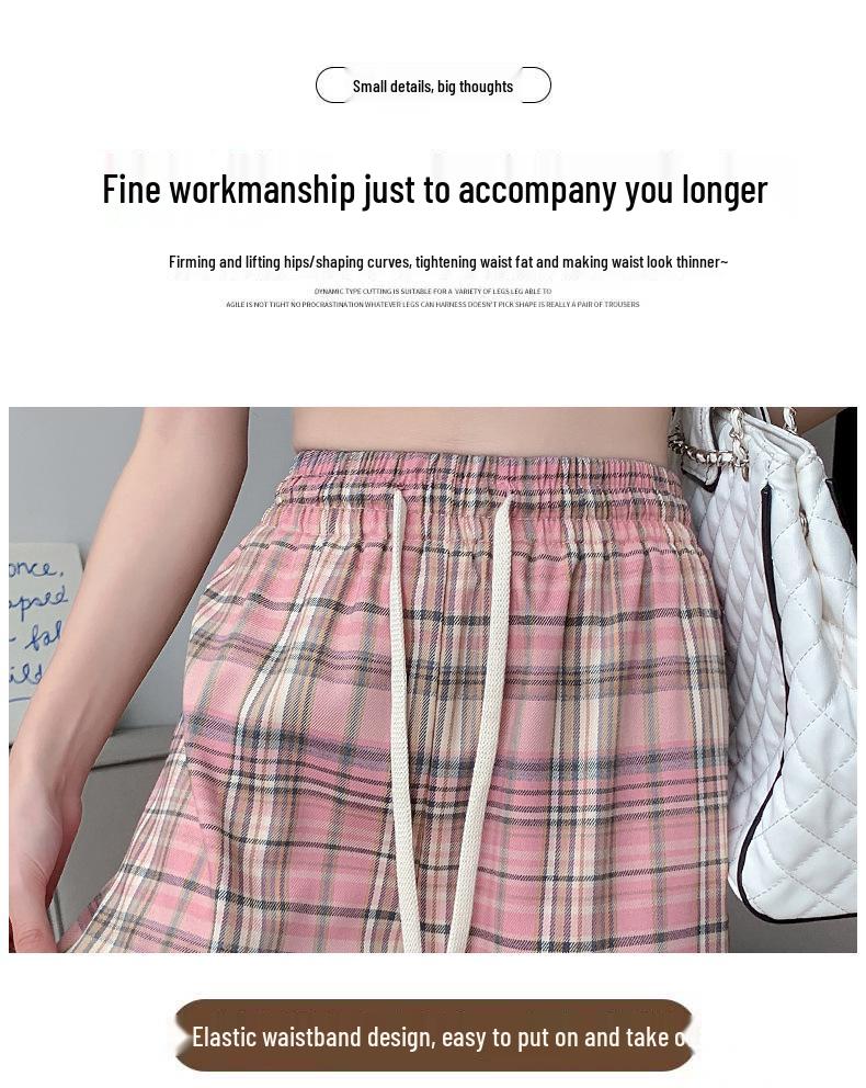 Petite Pink Plaid Ice Silk Wide-Leg Pants: Summer Casual Loose Fit, Straight Floor-Length Style