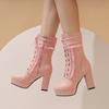 Fashion Princess Lolita Boots Women Motorcycle Boots Autumn Winter Side Zipper Lady Lace Platforms Chunky Heel Party Shoes