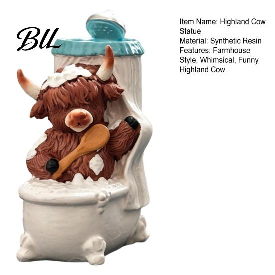 Whimsical Home Accents Highland Cow Bathroom Figurine, Resin Scottish Calf Bathing Statue, Funny Animal Statue Farmhouse Ornament for Office