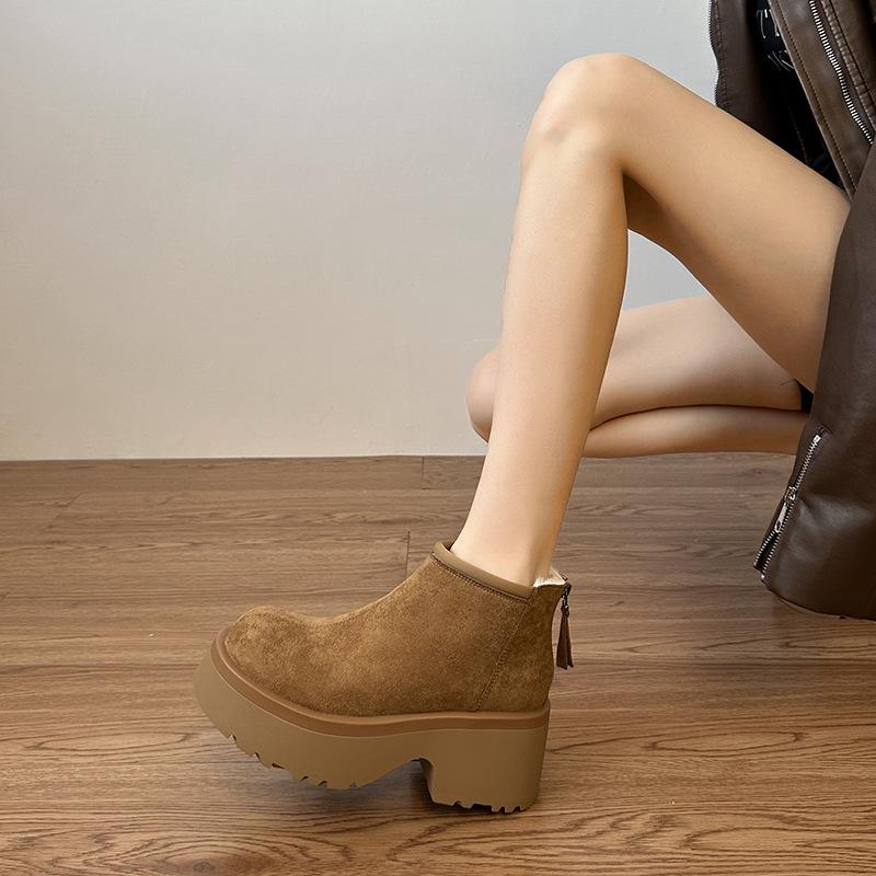 Зимние ботинки новый мягкий кожаный маффин толстая подошва увеличивающие рост бархатные повседневные хлопковые туфли женские короткие ботинки