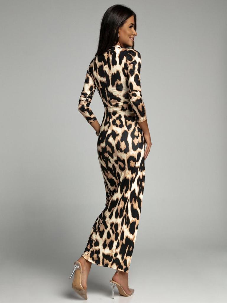 Женское вечернее платье с леопардовым принтом, длинным рукавом и разрезом
