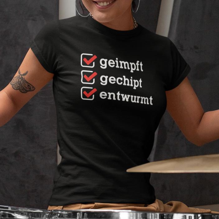 Geimpft Gechipt Entwurmt Lockdown Corona Impfung Dicton Drôle Fun T-Shirt Mens Womens Tees Top