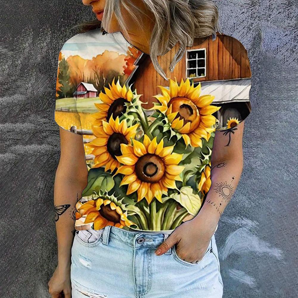 2024 Women's Summer Women's T-Shirt Retro Sunflower Pattern Print T-Shirt Fashion Popular Women's Leisure Short Sleeve T-Shirt