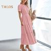 Женское летнее платье макси, повседневное платье с V-образным вырезом, коротким рукавом, многослойное струящееся платье, присборенная талия, плиссированное длинное платье