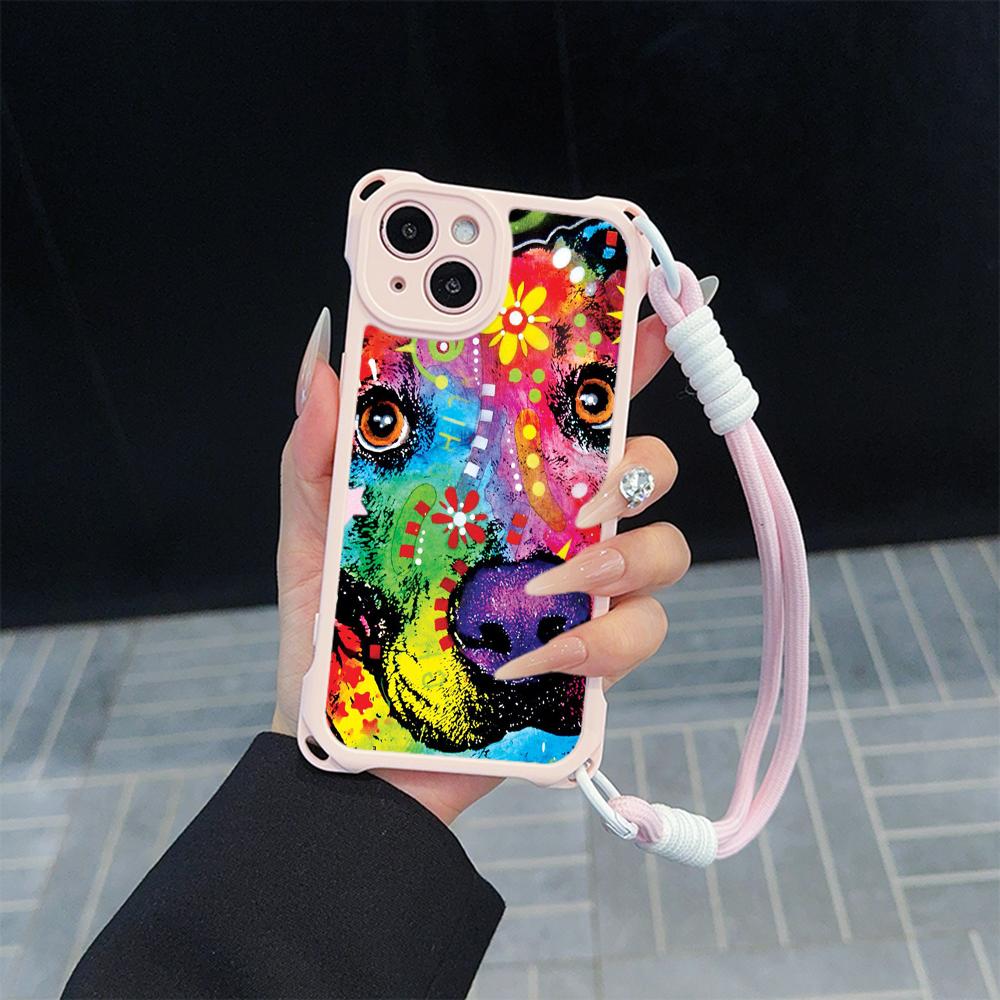Чехлы для телефонов Ae76 Dog Color Doodle Design Soft для iPhone 16 15 14 13 12 11 Pro Max 8 Plus XR с ремешком на запястье, защитным шнурком для углов, задняя крышка