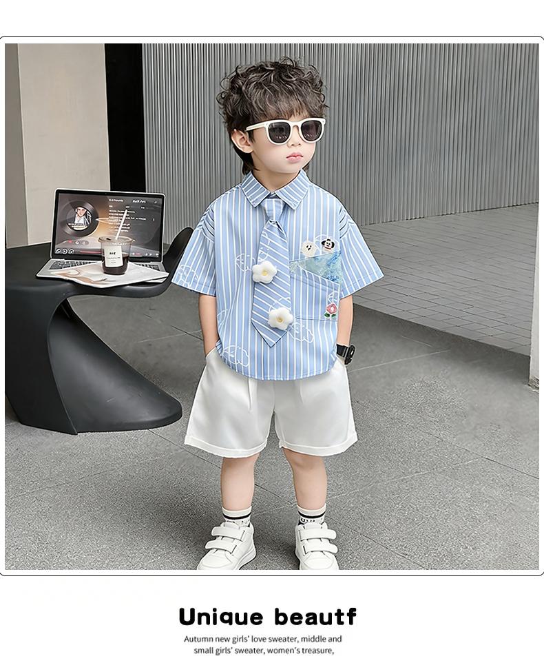 Children's Summer Short sleeved Shirt 2026, Boys' Blue Thin Shirt Set, Baby Boys' Summer Clothing, Children's Clothing Trend