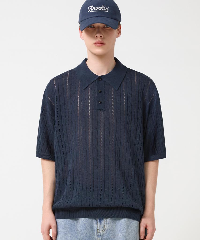 TRILLION Washable Resort Cable Collar Short Sleeve Knit_Navy