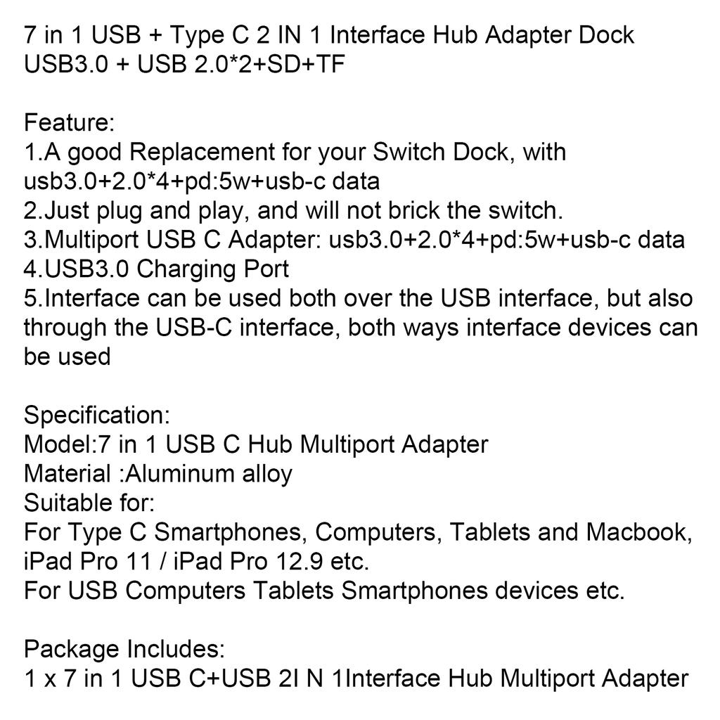USB + Type C 2 Interface 7 in 1 USBC Hub Adapter Dock usb3.0+USB 2.0*2+SD+TF