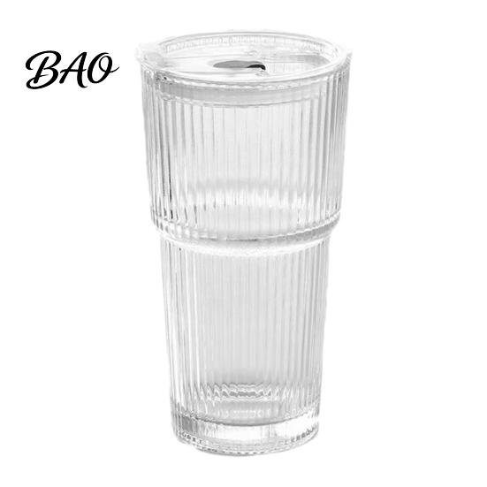 Glass Coffee Cup with Lid Ribbed And Straw, 600ml Large Capacity Iced Home Travel Mug Tumbler, Reusable Cold Drink for Office Use