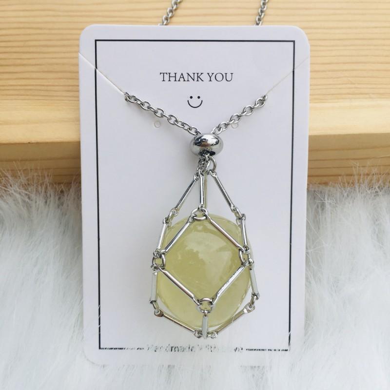Adjustable Bamboo Link Chain Necklace With Handwoven Crystal Mesh Pendant Natural Gemstone Boho Choker Women Men