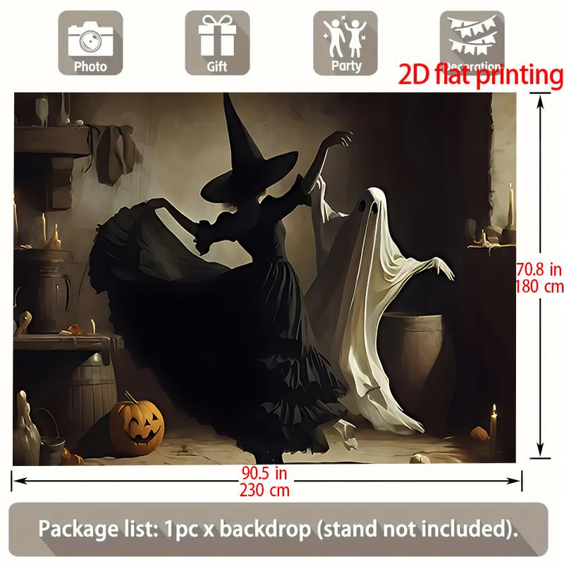 2D flat large Halloween party banner - Witches ghosts and pumpkin lanterns dancing together