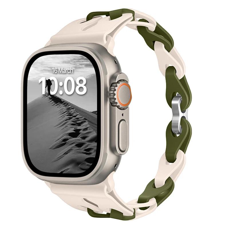 Силиконовый ремешок с двойной звеньевой цепью для Apple Watch Band Ultra 2 49мм 44мм 40мм 45мм 41мм 42мм Браслет для Series 9 8 7 6 5 4 SE 3