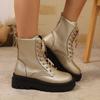 Luxury Gold Pu Lace Up Mid Calf Boots Women 2025 Autumn Round Toe High Heel Boots Fashion Soft Non Slip Thick Bottom Booties