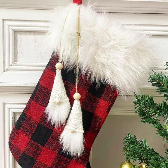 1шт Рождественский чулок Красный Черный Клетчатый Безликий Гном Кисточкой Белый Плюшевый Топ Многоразовый Рождественская Елка Подвесной Носок Подарочный Мешок Подвеска Праздничное Украшение