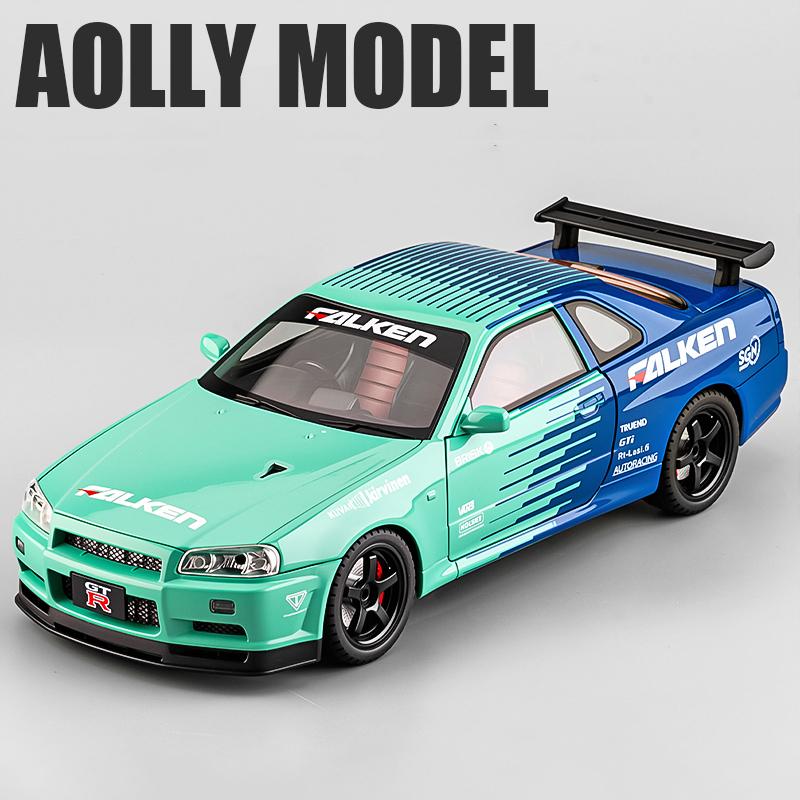 1/18 Skyline GTR R34 Модифицированный Автомобиль Металлическая Модель Автомобиля Звук и Свет Инерционный Детская Игрушка Коллекционные Предметы Подарок на День Рождения