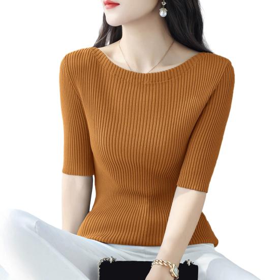 Женские топы Slim Fit, однотонные, ребристые, с круглым вырезом и коротким рукавом, эластичные, с короткими рукавами, топы для повседневной носки