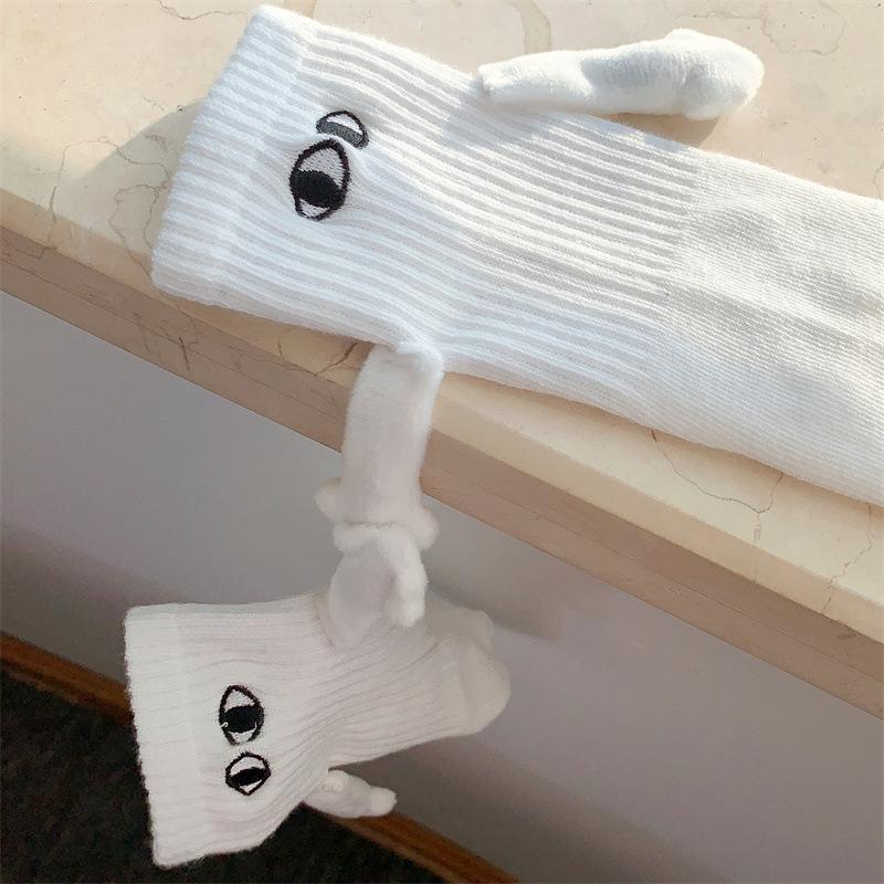 Magnetic Socks with Hands Women Men Fashion Black White Funny Cute Cartoon Eyes Couple Mid-tube Socks for Gifts