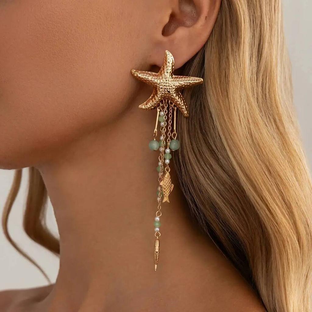 SHIXIN Trendy Starfish Fish Drop Earrings Women Summer Beach Imitation Pearl Crystal Tassel Piercing Earrings Vacation Jewelry