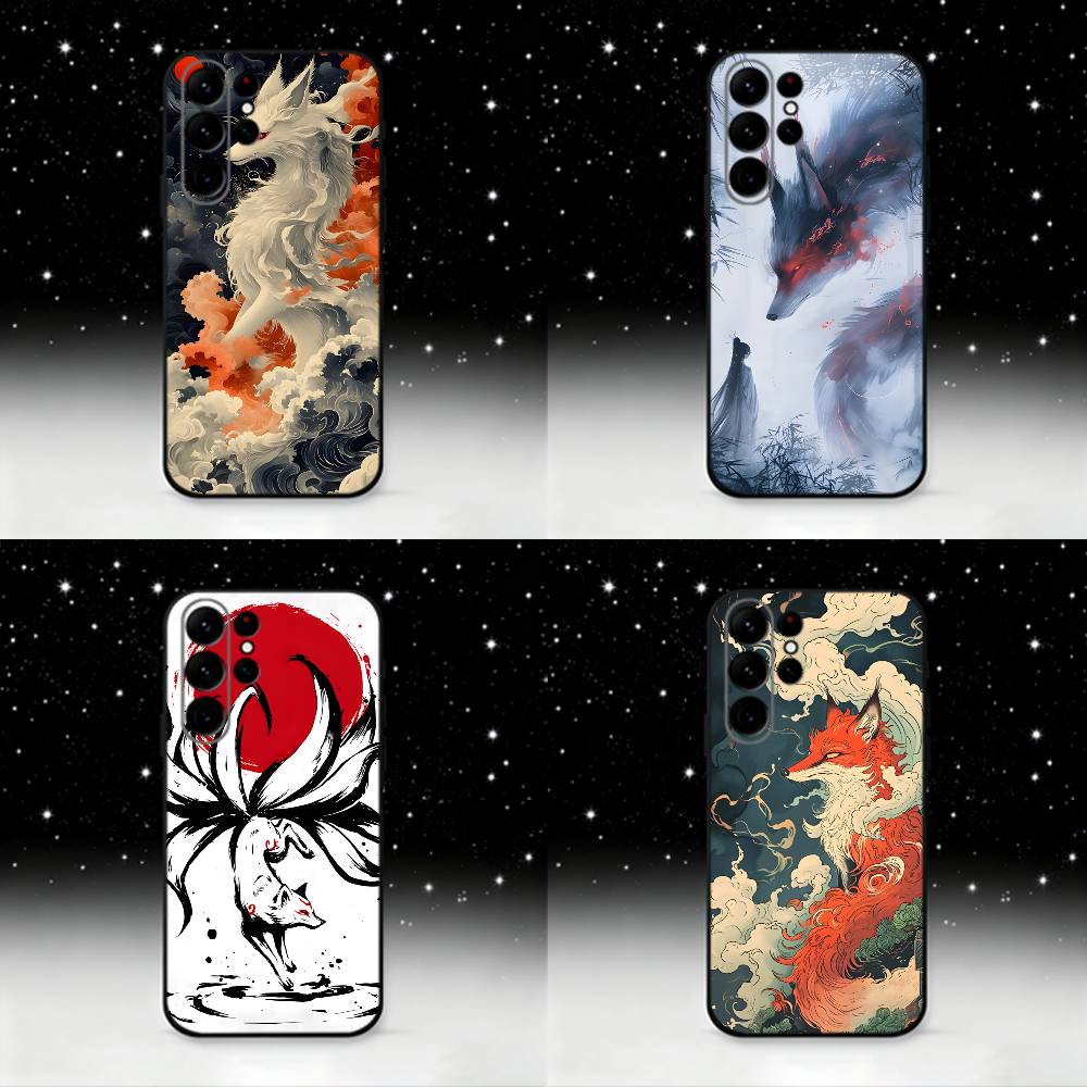 Чехол для телефона «Девятихвостая лиса» для Samsung S25, S24 Ultra, S20, S30 plus, S22 plus, S23, S30 Ultra 5G, Силиконовый, Черный корпус