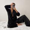Oversized Sleepwear Low Cut Sexy Pajamas For Women Single-Breasted Long Sleeves Wide Leg Pants Trouser Suits