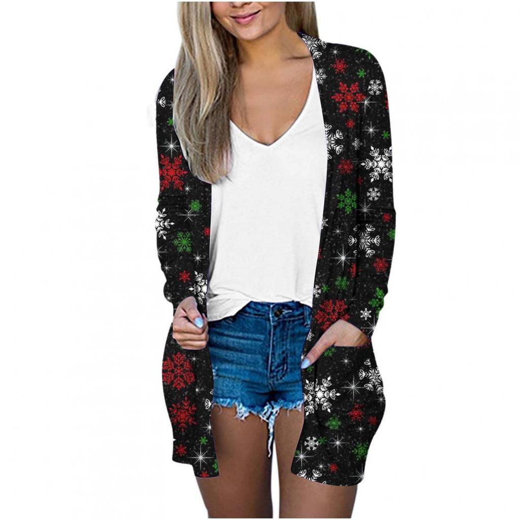 Женская мода, свободный повседневный карманный кардиган с рождественским принтом, куртки, топы