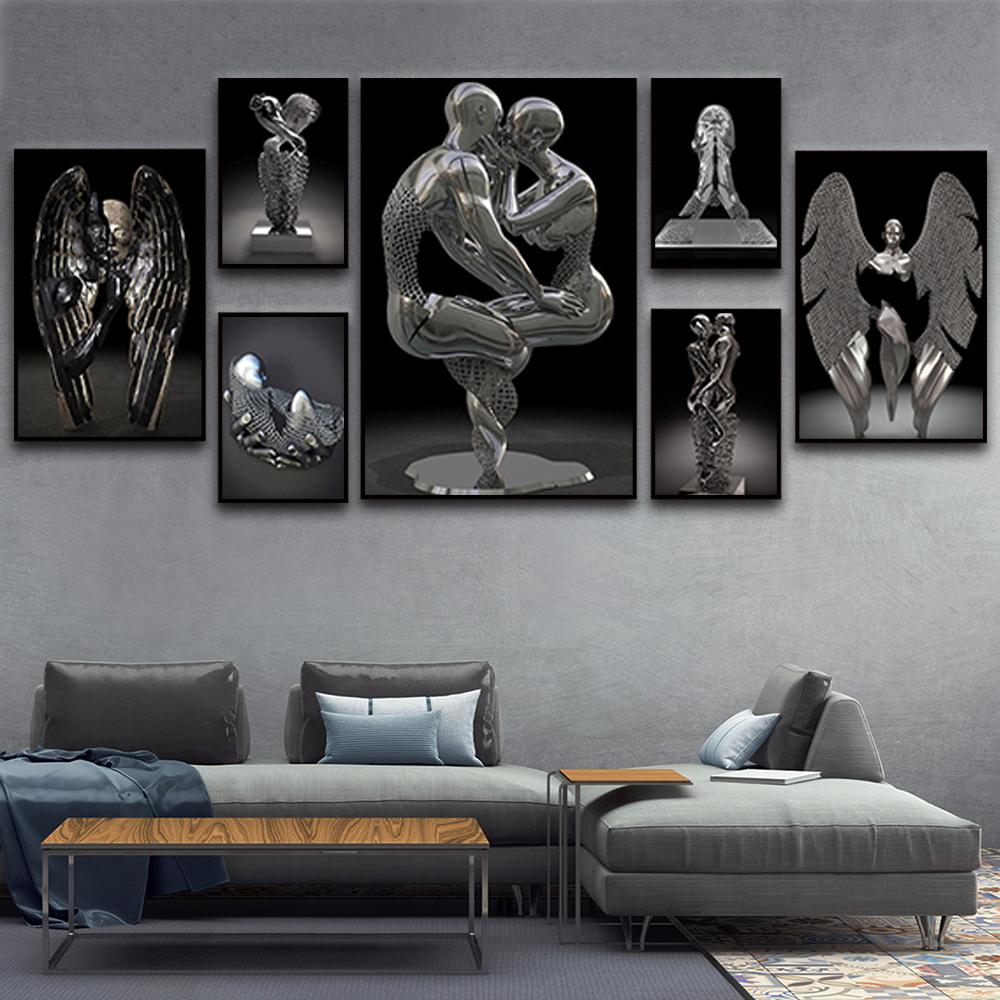 Абстрактная металлическая фигура, скульптура, настенный художественный постер, современный минималистский поцелуй, статуя, фреска, украшение комнаты, холст, живопись, Куадрос