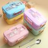 Cartoon Style Lunch Box for Students Three Grids Bento Box with Tableware Microwave Heating School Picnic Office Bento Box