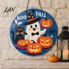 Indoor Outdoor Holiday Ornament Halloween Boo Wood Door Hanger Sign with Cute Ghost Black Hat Pumpkin Print, Front Decorative Craft Gift Porch