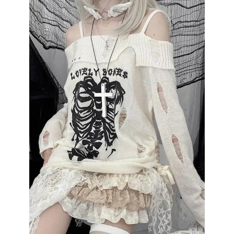 Y2k Harajuku Готические вязаные пуловеры для женщин японская мода сексуальный череп с открытыми плечами в стиле панк для девочек свободный свитер с отверстиями