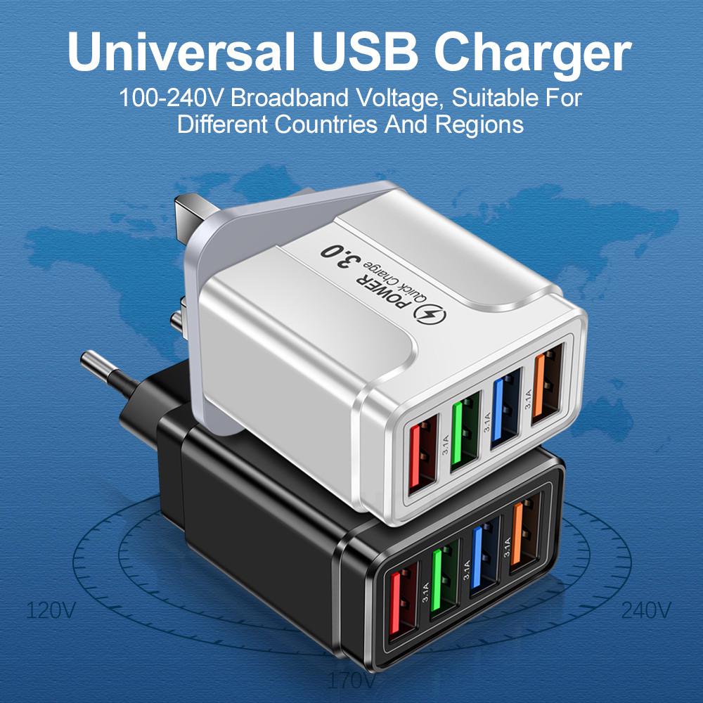 Цветное многопортовое зарядное устройство со светодиодом, 4 порта USB, 5 В 3 А, с вилкой EU/US/UK для путешествий