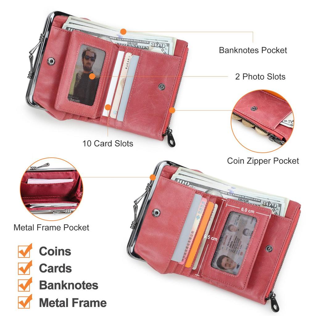 Женский кошелек из натуральной кожи, небольшой кошелек с металлическим каркасом, женский кошелек на застежке и молнии, карман для монет, держатель для кредитных карт, RFID-кошелек