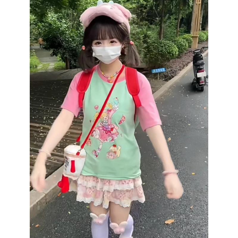 Y2k Harajuku лоскутные футболки женские в японском стиле консервативный стиль повседневные свободные футболки с мультяшным принтом топы мягкие для девочек 2024