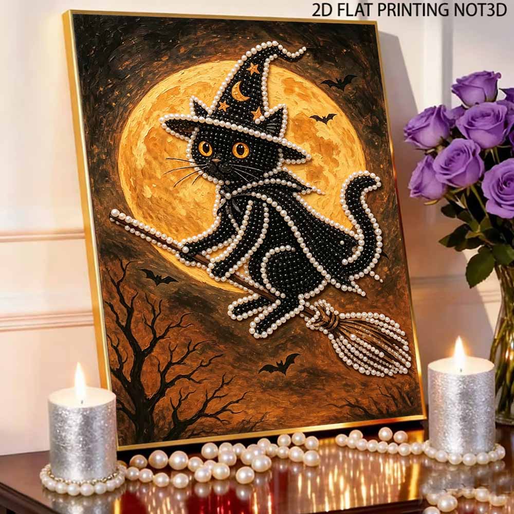 Набор для DIY-рисования жемчугом без рамки Узор Черная Кошка На Метле 3D Блестящая Картина из Бусин Холст Расслабляющая Творческая Домашняя Декорация Поделка Подарок