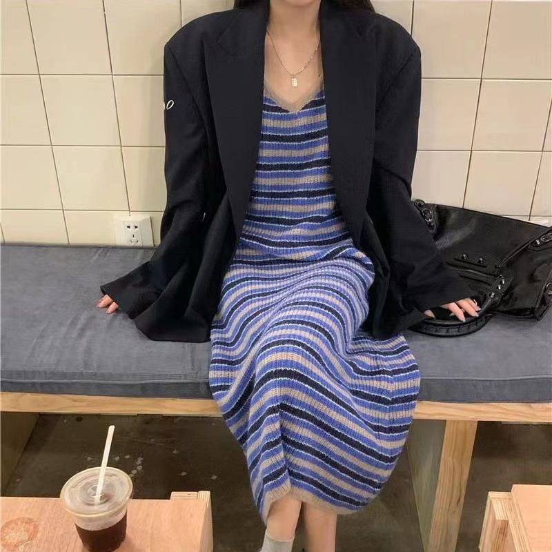 Женские платья Сто в полоску в стиле ретро, ​​платья на бретельках, тонкое длинное платье до бедра с внутренней упаковкой, большие размеры