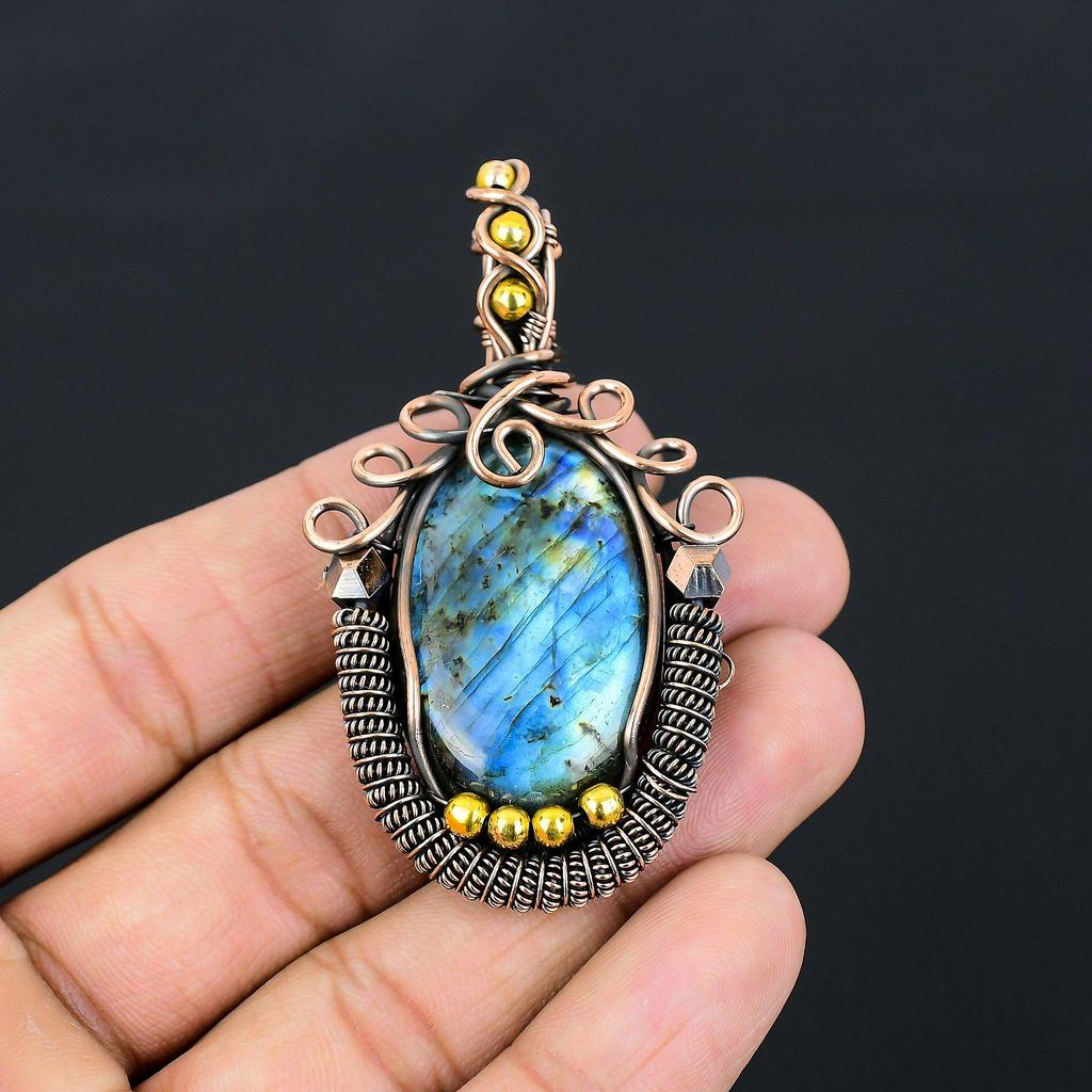 Labradorite Gemstone Pure Copper Wire Wrapped Handmade Pendant Jewelry Gift For Her