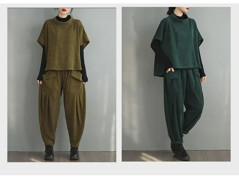 2024 Autumn Women's Two-Piece Set: Stand-Up Collar Pullover with Harem Pants In Large Size