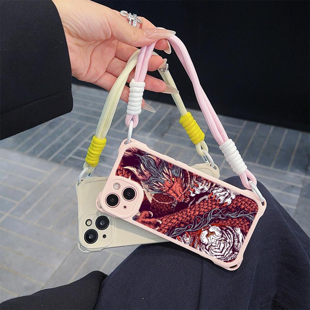 Ae77 Dragon Design Art Soft Phone Cases for iPhone 16 15 14 13 12 11 Pro Max 7 8 Plus XR XS Max with Wrist Strap Lanyard Corner Protection Back Cover