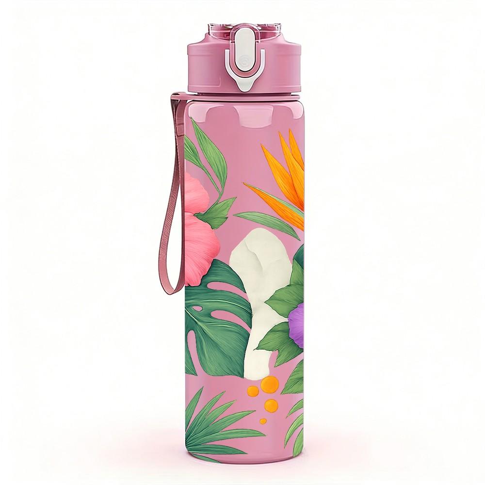 1PC Tropical Hibiscus Mixed Flower Print 750ml Color Plastic Sports Water Bottle Leakproof Flip Straw Lid Suitable for Sports Office Home Use
