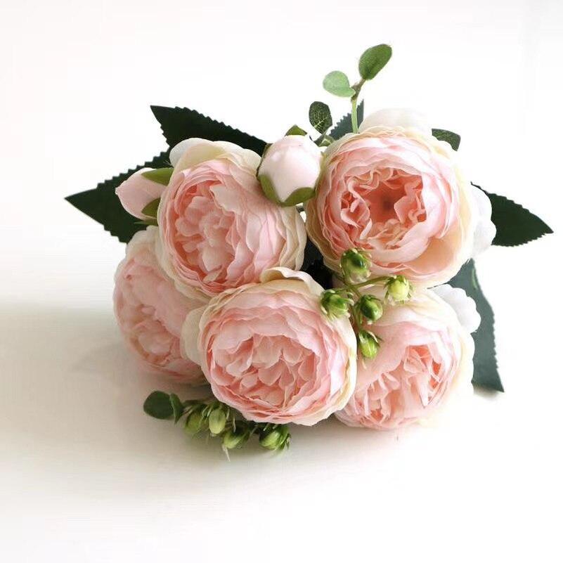 30cm Rose Pink Silk Bouquet Peony Artificial Flowers 5 Big Heads 4 Small Bud Bride Wedding Home Decoration Fake Flowers Faux
