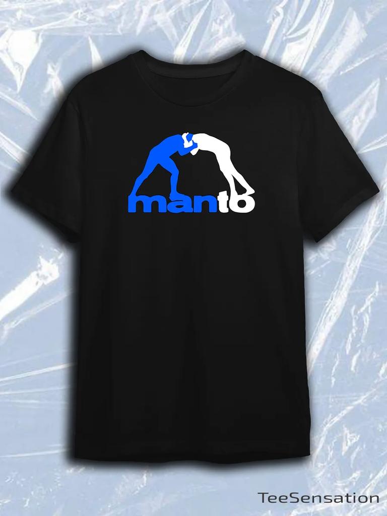 Manto Black Crew Neck Short Sleeve T-Shirt with Blue and White Wrestling Silhouette Logo and manto Text