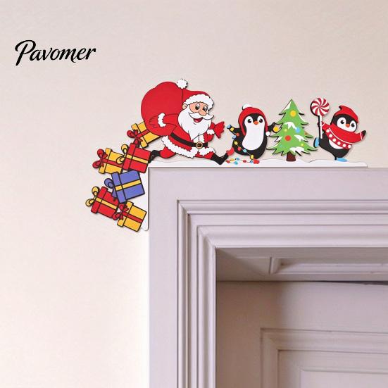 Christmas Indoor Wall Art Door Corner Topper, Wooden Sign with Santa Claus Snowman And Gingerbread Festive Man Prints, Easy Installation Plaque