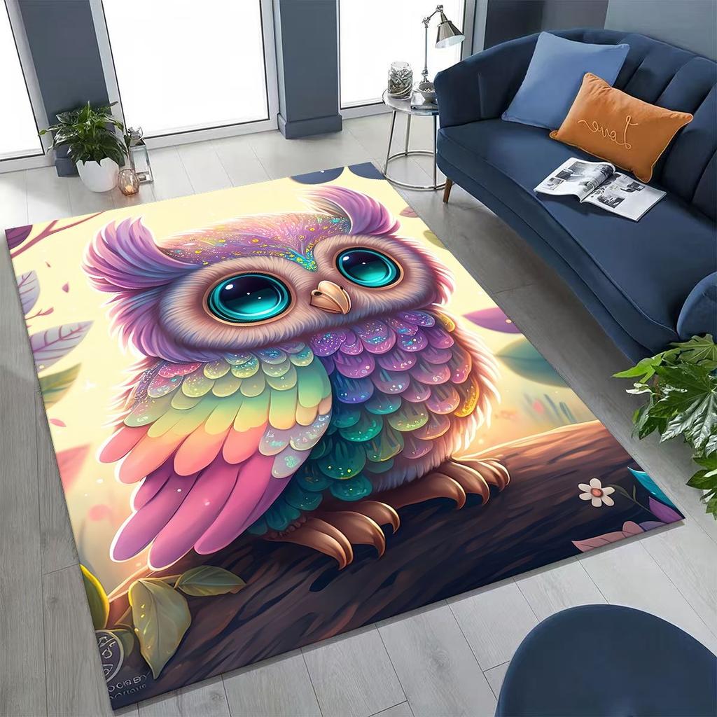 2026 New Mysterious Owl Colorful Cartoon Birds Rug for Bedroom Living Room Sofa Home Doormat Decor,Large Kid Non-slip Floor Mat